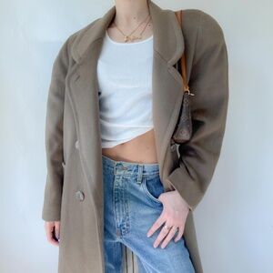 Vintage 80s/90s Tan 100% Pure Virgin Wool Trench Overcoat ✨